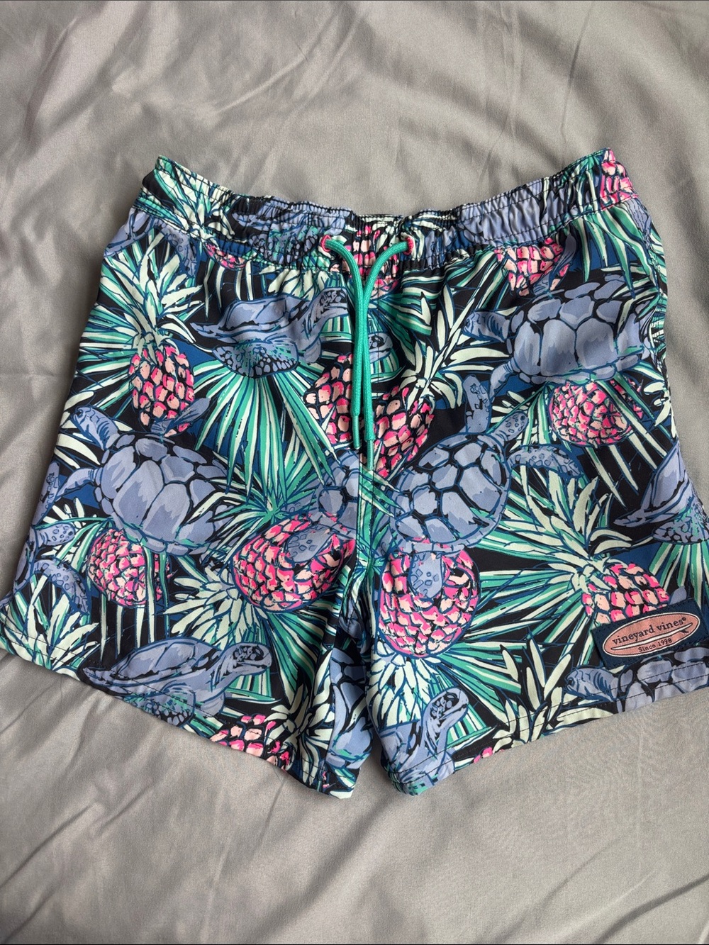 Vineyard Vines Kids Pineapple & Sea Turtle Swim Trunks - Teal, Pink, Navy